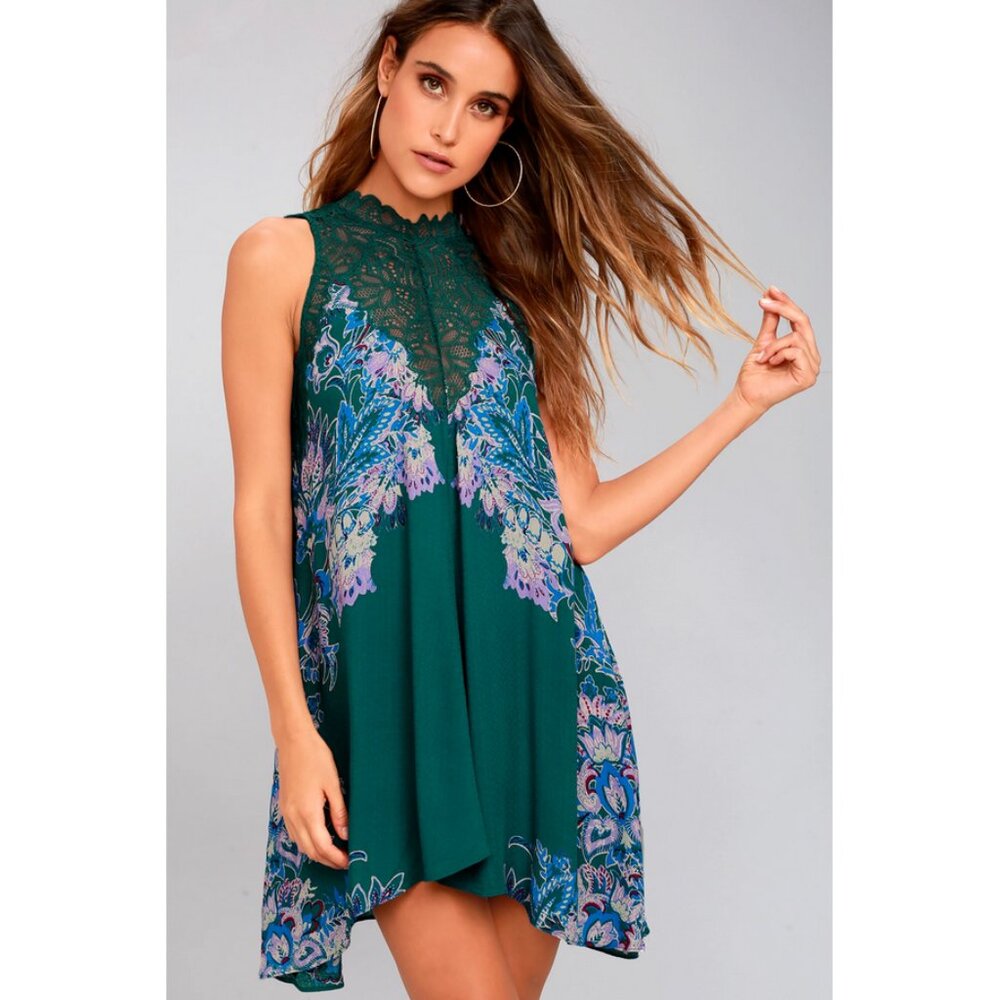 Intimately Free People Marsha Print Lace Slip Dress in Teal Green Boho Vacation